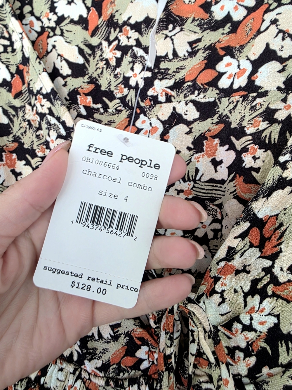 New Free People Forget Me Not Charcoal Combo Floral Mini Dress Sz 4 Small Tie - Picture 5 of 6